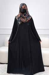 Elegant Black Frock Style Abaya – Front Pleated Flared Gown with Crystal Embellishments & Wide Sleeves