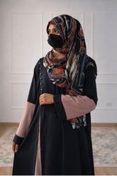 Two-Tone Abaya – Contrast Panel Front-Open Gown with Pearl Embellishments