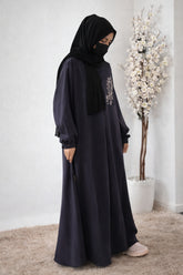 Heritage Floral Embroidered Abaya – Smocked Cuffs & Button-Down Bodice