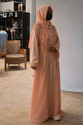 2-Piece Open Abaya Set – Gold Zari Embroidery & Sequin Formal Kaftan