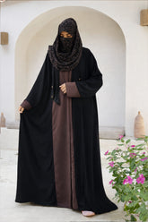 Two-Tone Black & Mocha Abaya – Contrast Panel Front-Open Gown with Gold Button Accents