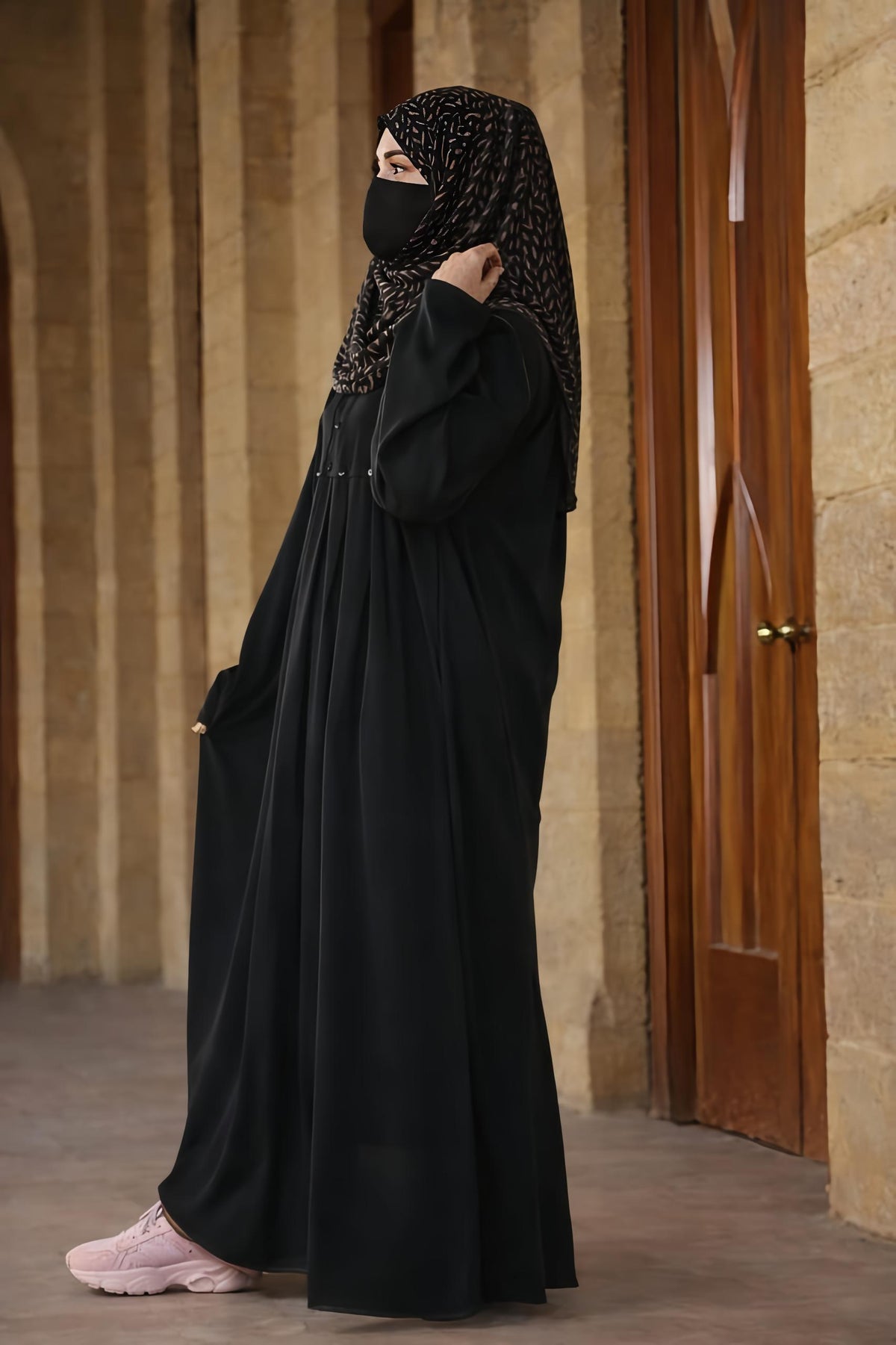 Elegant Empire-Waist Frock Abaya – Pleated Flare Maxi Gown with Button Accents