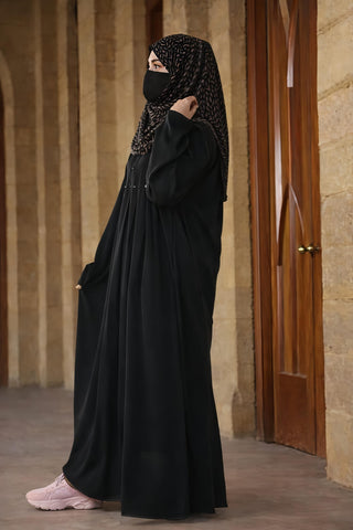 Elegant Empire-Waist Frock Abaya – Pleated Flare Maxi Gown with Button Accents