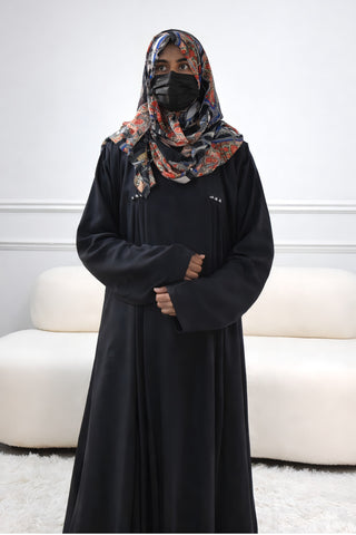 Elegant Black Frock Style Abaya – Front Pleated Flared Gown with Crystal Embellishments & Wide Sleeves