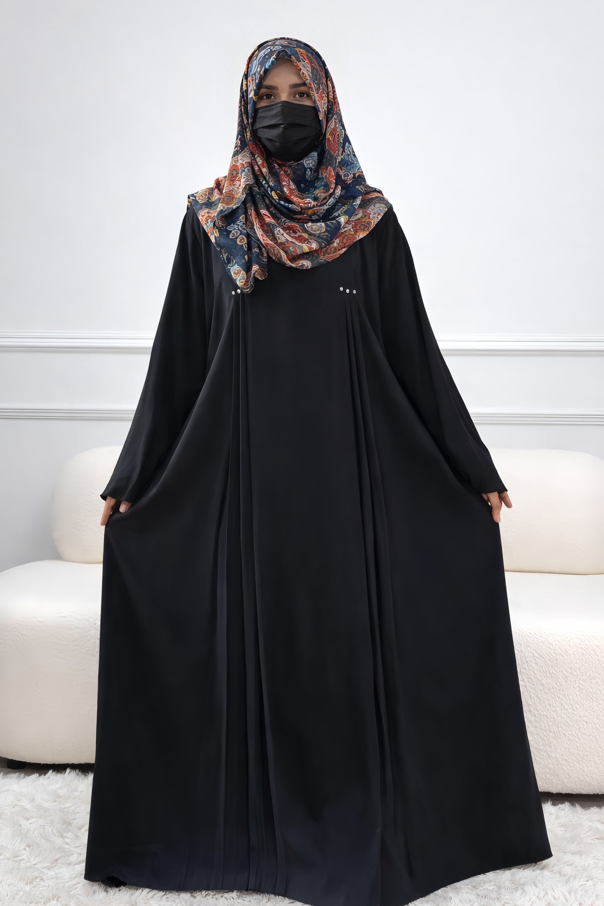 Elegant Black Frock Style Abaya – Front Pleated Flared Gown with Crystal Embellishments & Wide Sleeves