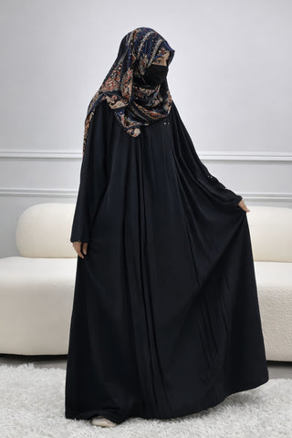Elegant Black Frock Style Abaya – Front Pleated Flared Gown with Crystal Embellishments & Wide Sleeves