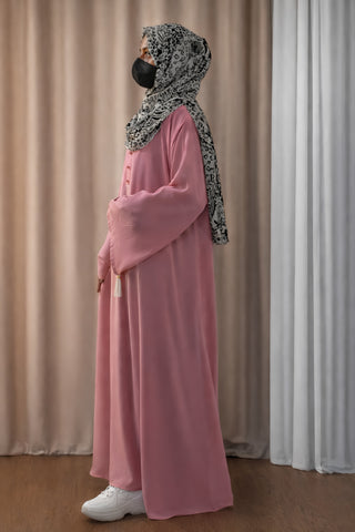 Dusty Rose A-Line Abaya – Front Button Maxi Gown with Tassel Bell Sleeves