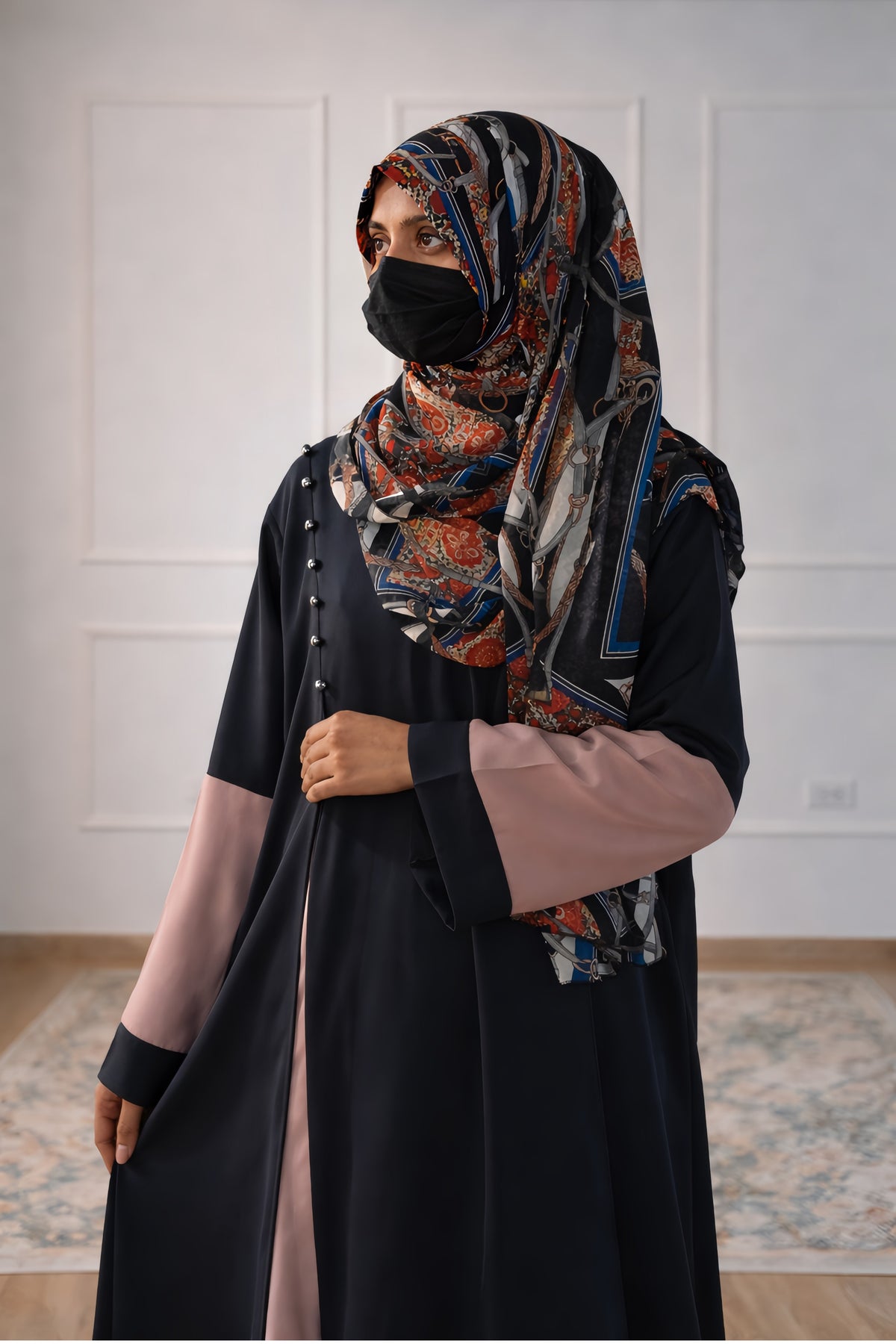 Two-Tone Abaya – Contrast Panel Front-Open Gown with Pearl Embellishments