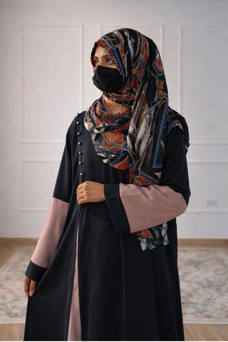 Two-Tone Abaya – Contrast Panel Front-Open Gown with Pearl Embellishments