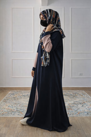 Two-Tone Abaya – Contrast Panel Front-Open Gown with Pearl Embellishments