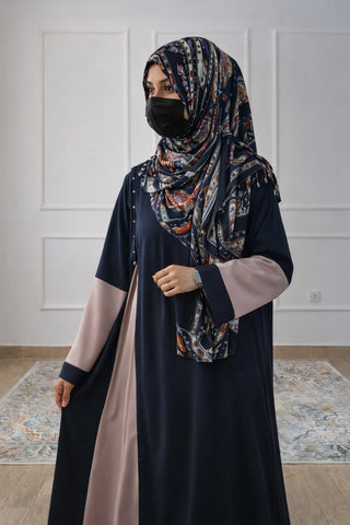 Two-Tone Abaya – Contrast Panel Front-Open Gown with Pearl Embellishments