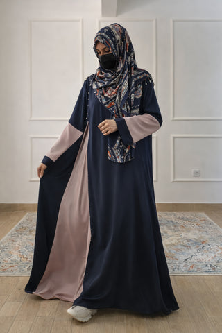 Two-Tone Abaya – Contrast Panel Front-Open Gown with Pearl Embellishments
