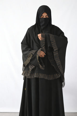 Two-Tier Caped Abaya – Shimmer-Pleated Borders & Oversized Butterfly Cut