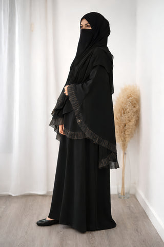 Two-Tier Caped Abaya – Shimmer-Pleated Borders & Oversized Butterfly Cut