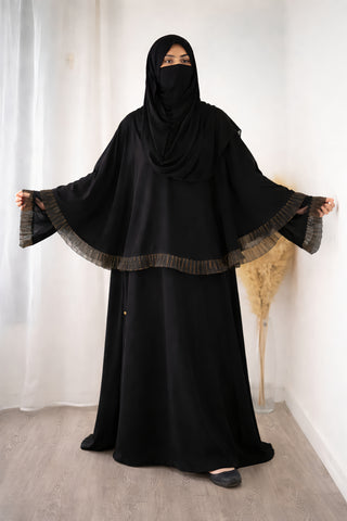 Two-Tier Caped Abaya – Shimmer-Pleated Borders & Oversized Butterfly Cut