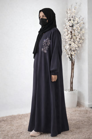 Heritage Floral Embroidered Abaya – Smocked Cuffs & Button-Down Bodice