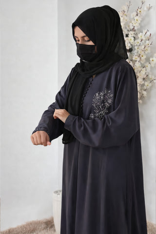 Heritage Floral Embroidered Abaya – Smocked Cuffs & Button-Down Bodice