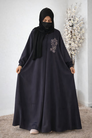 Heritage Floral Embroidered Abaya – Smocked Cuffs & Button-Down Bodice
