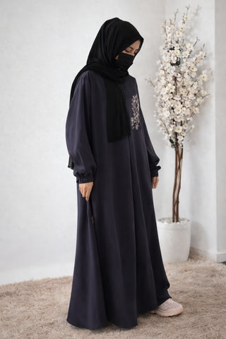 Heritage Floral Embroidered Abaya – Smocked Cuffs & Button-Down Bodice