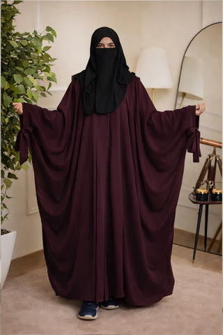 Amira Deep Plum Butterfly Abaya – Adjustable Bow Waist & Flowing Crepe