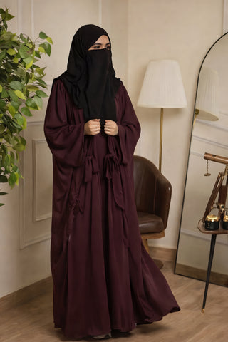 Amira Deep Plum Butterfly Abaya – Adjustable Bow Waist & Flowing Crepe