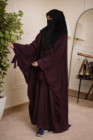 Amira Deep Plum Butterfly Abaya – Adjustable Bow Waist & Flowing Crepe