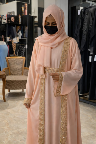 2-Piece Open Abaya Set – Gold Zari Embroidery & Sequin Formal Kaftan