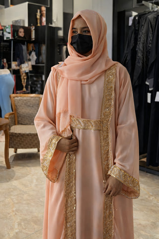 2-Piece Open Abaya Set – Gold Zari Embroidery & Sequin Formal Kaftan