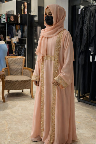 2-Piece Open Abaya Set – Gold Zari Embroidery & Sequin Formal Kaftan