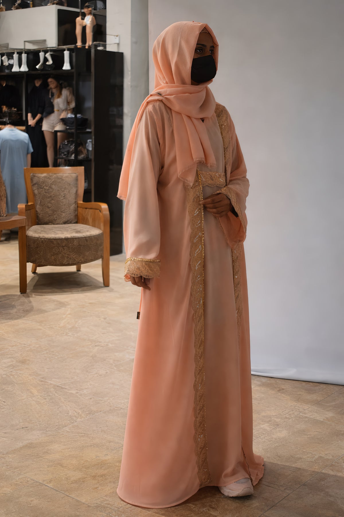 2-Piece Open Abaya Set – Gold Zari Embroidery & Sequin Formal Kaftan