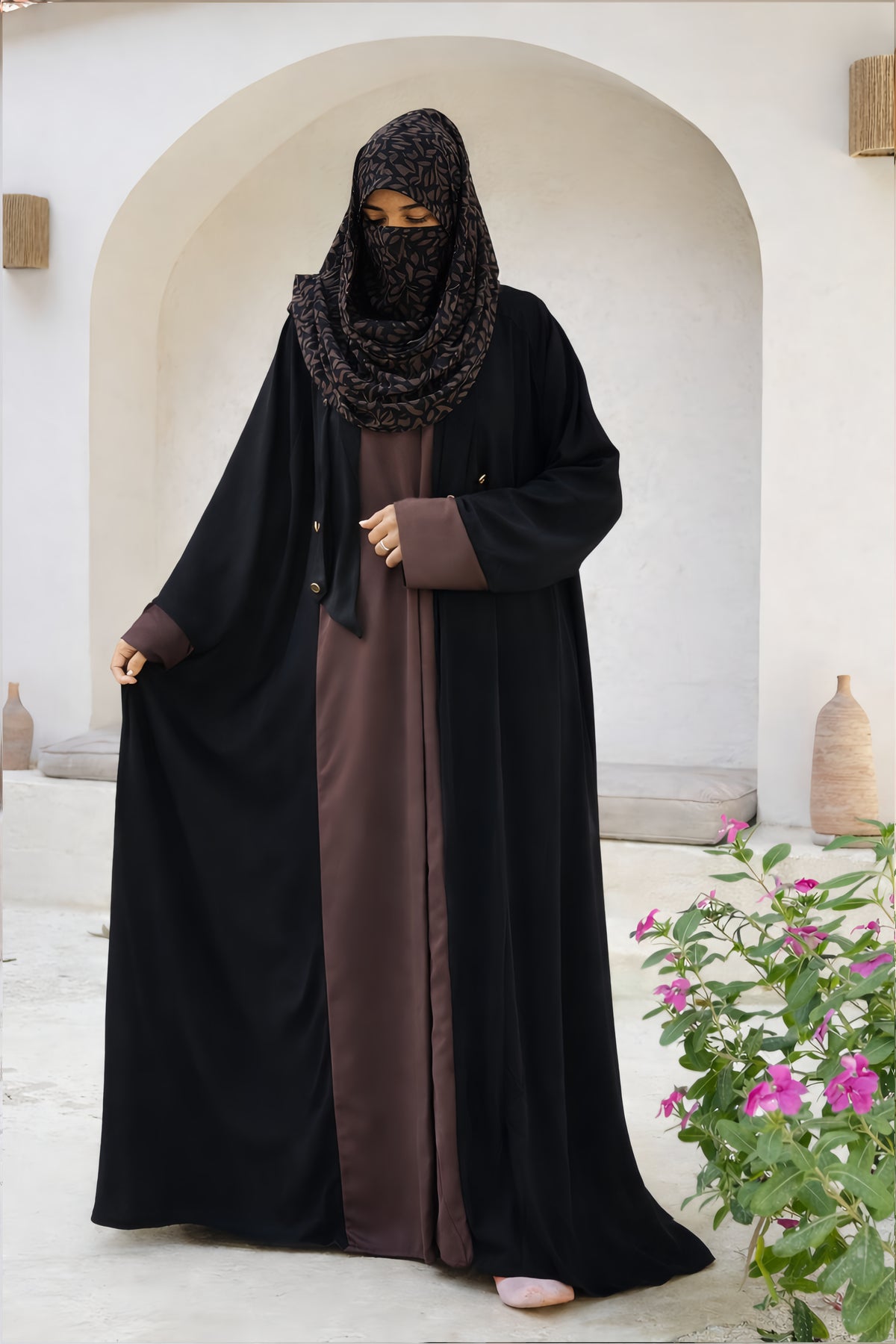 Two-Tone Black & Mocha Abaya – Contrast Panel Front-Open Gown with Gold Button Accents