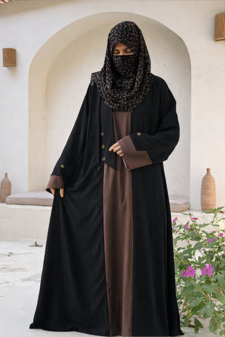 Two-Tone Black & Mocha Abaya – Contrast Panel Front-Open Gown with Gold Button Accents