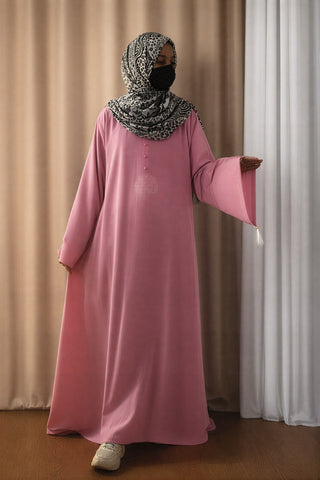 Dusty Rose A-Line Abaya – Front Button Maxi Gown with Tassel Bell Sleeves