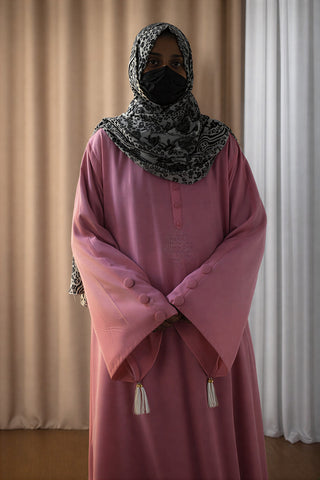 Dusty Rose A-Line Abaya – Front Button Maxi Gown with Tassel Bell Sleeves