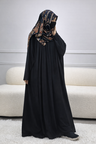 Elegant Black Frock Style Abaya – Front Pleated Flared Gown with Crystal Embellishments & Wide Sleeves