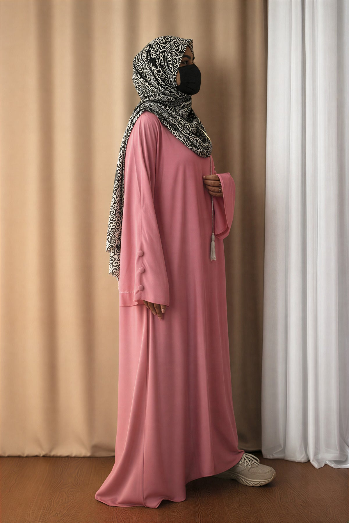 Dusty Rose A-Line Abaya – Front Button Maxi Gown with Tassel Bell Sleeves