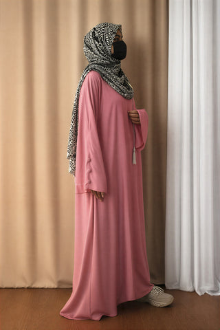 Dusty Rose A-Line Abaya – Front Button Maxi Gown with Tassel Bell Sleeves
